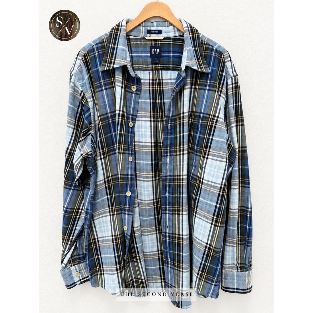GAP Relaxed Fit Plaid Flannel Shirt Mens XL Blue Green Long Sleeve Cotton